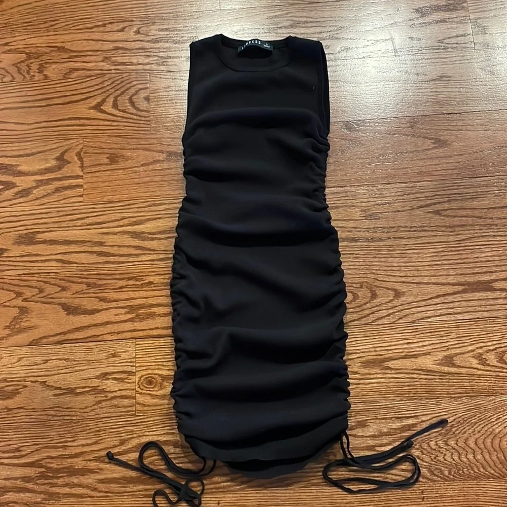 LIONESS women’s Military Minds mini dress black knit drawstring sides ruching SM